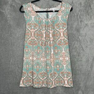 Notations XL Shirt Top Blue Orange Paisley Sleeveless Scoop Neck Stretch Womens